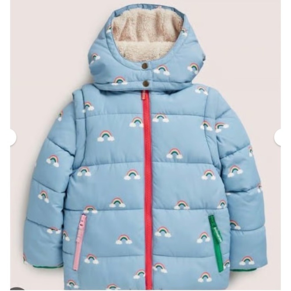 Boden Kids Blue Rainbow Print Puffer Jacket Sherpa Lined Hood Winter 7-8 Year